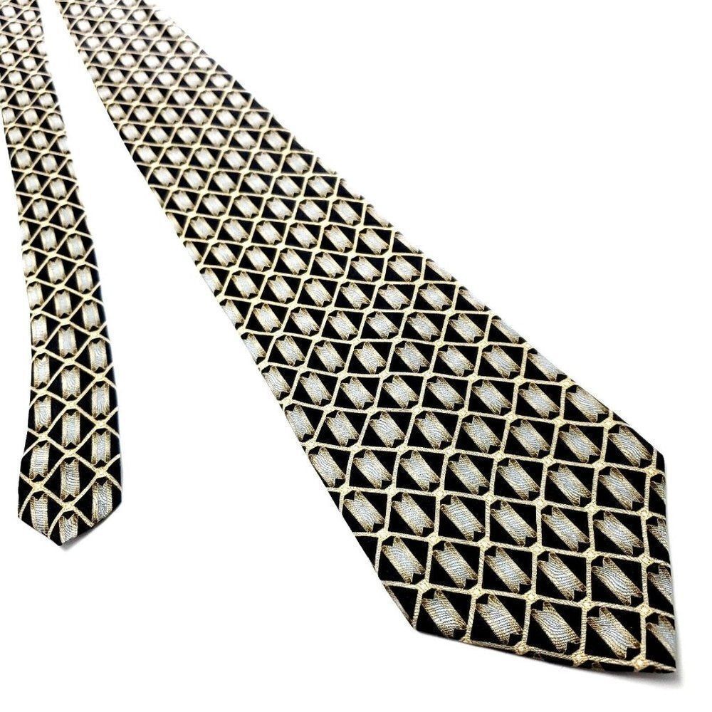 Zylos George Machado Beige Silk Tie Woven Wide Geometric - Picture 1 of 6
